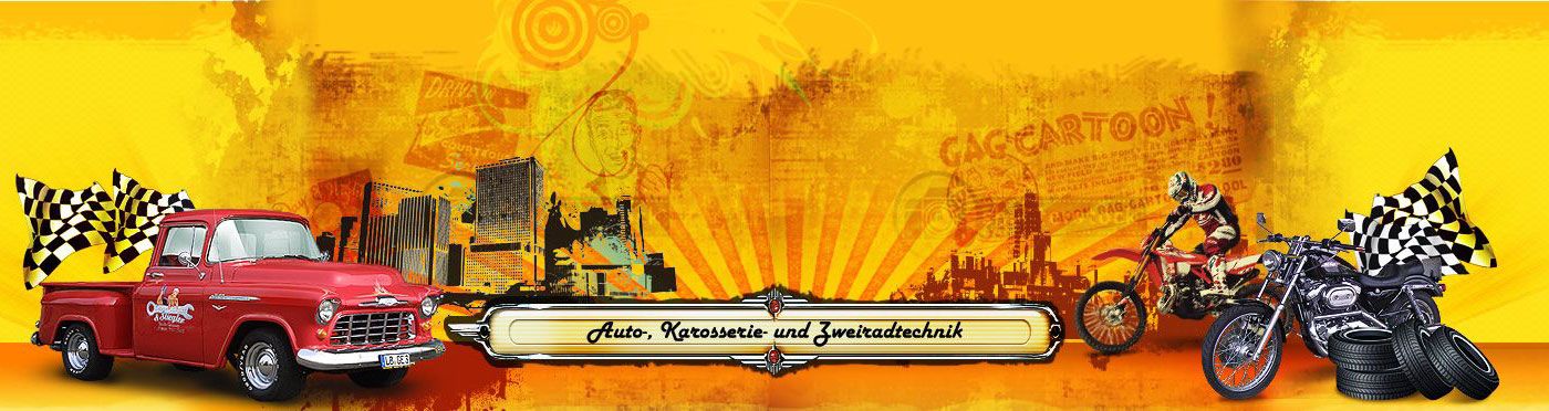 Eine Collage mit einem roten Pickup und 2 Motorrädern